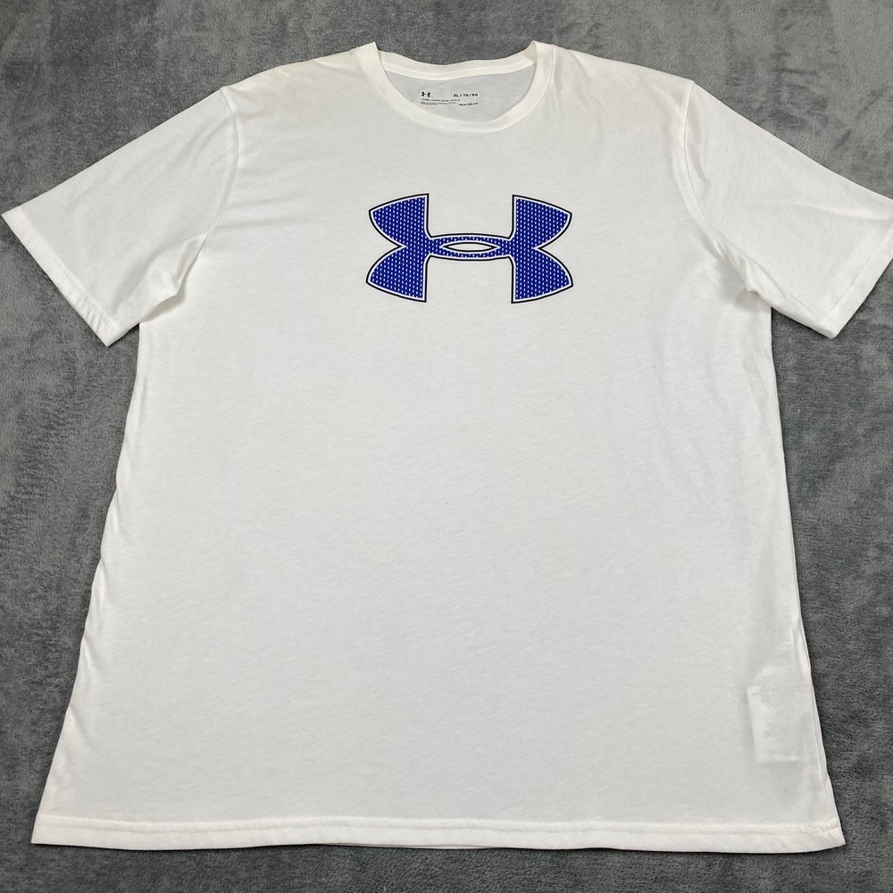 Under Armour Mens XL T-Shirt White Blue Graphic Logo HeatGear Loose Fit